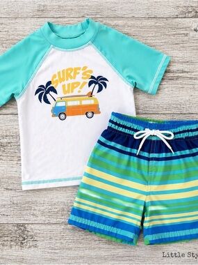 Floatimini Boys 2T Swim Set Rash Guard + Trunks Surf’s Up Summer Beach Outfit